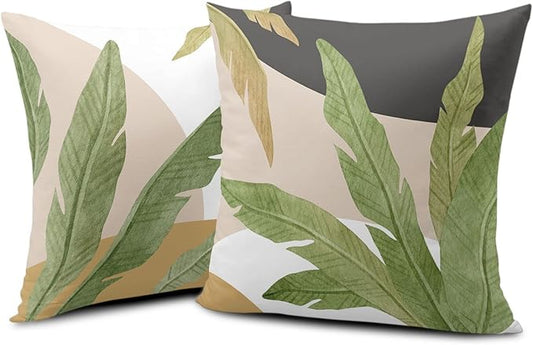 Tropical Green Leaves Throw Pillow Covers Set of 2 Palm Tree Cushion Cases Jungle Banana Leaves Pillow Case 24x24 for Sofa Bed Living Room