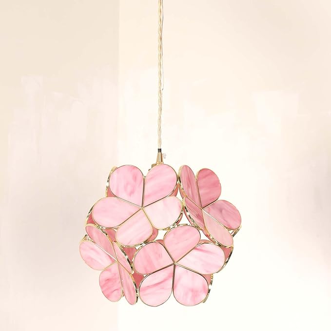Bieye L10965 Petals Tiffany Style Stained Glass Ceiling Pendant Light with 12-inch Wide Lampshade (Pink, 12" Cherry Blossom)