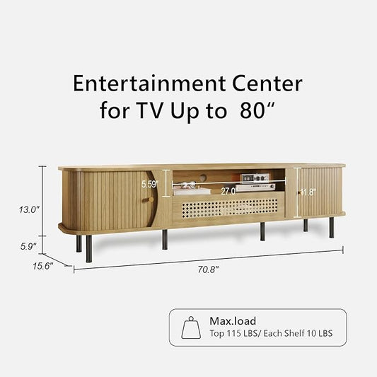 basenji 71" Fluted TV Stand with Sliding Doors & Rattan,Mid Century Modern Entertainment Center with Storage,Curved Edge Design,Media Console for TVs up to 85",TV Consoles for Living Room,Wood