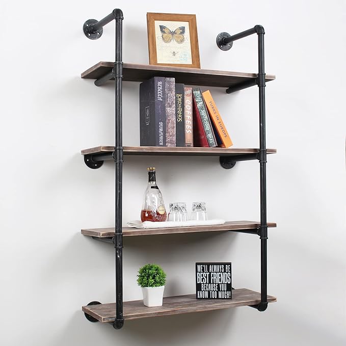 MBQQ Industrial Pipe Shelving Wall Mounted,30in Rustic Metal Floating Shelves,Steampunk Real Wood Book Shelves,Wall Shelf Unit Bookshelf Hanging Wall Shelves,Farmhouse Kitchen Bar Shelving(4 Tier)