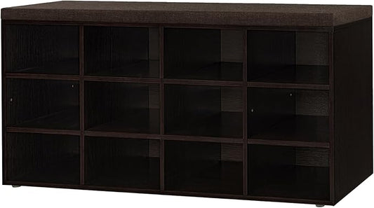 DINZI LVJ Shoe Storage Bench with Cushion, Cubby Shoe Rack with 12 Cubbies, Adjustable Shelves, Multifunctional Shoe Organizer Bench for Entryway, Mudroom, Hallway, Closet and Garage, Espresso