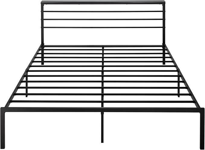 SHA CERLIN King Size Bed Frame with Headboard Shelf and Strong Metal Foundation, No Box Spring Needed, Black
