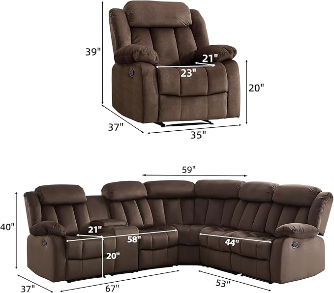 EBELLO Manual Reclining L-Shaped Sectional Sofa Set, Soft Fabric Corner Couch with Center Console, Cup Holders and Storage – Perfect Living Room Home Set Furniture(Sectional+Chair)