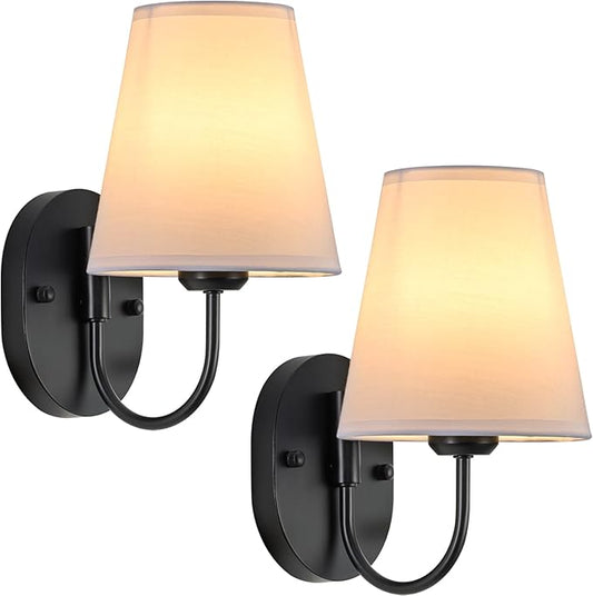 Hardwired Set of 2 Black Metal Wall Sconces with White Fabric Shades – Small Modern Wall Lights for Bedroom, Hallway, Bathroom,Staircase