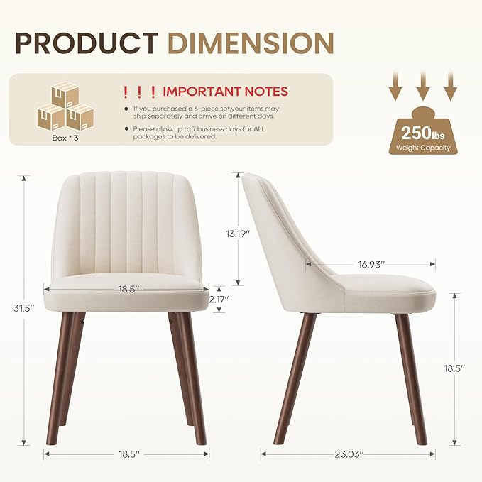 Upholstered Dining Chairs Set of 6, Modern Fabric Kitchen Chairs with Back, Wood Legs for Kitchen Dining Room Restaurant, Beige