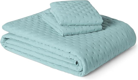 Amazon Basics Brushed Microfiber Quilt Set, Extra Soft with Natural Texture, 3-Piece, Queen/Full, Blue