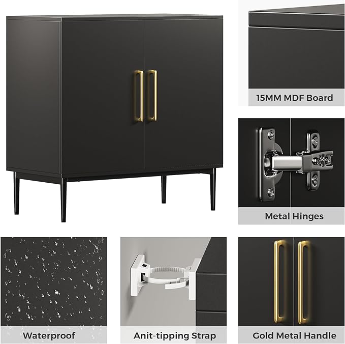 Storage Cabinet with Doors, Modern Black Accent Cabinet, Free Standing Cabinet, Wooden Buffet Sideboards for Living Room, Kitchen,Home Office