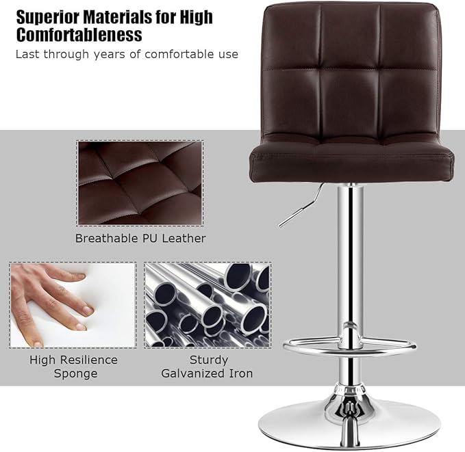 COSTWAY Adjustable Bar Stools Set of 2, Modern Swivel PU Leather Bar Chair with Backrest, Soft Cushioned Seat, Footrest, Sturdy Metal Frame, Comfortable Barstools for Kitchen Island, Pub, Brown