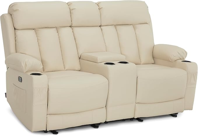 MCombo Zero Gravity Loveseat Recliner with Console, Heat and Massage, Power Reclining Sofa for Living Room, Faux Leather 6095 (Cream White, Loveseat Recliner with Console)
