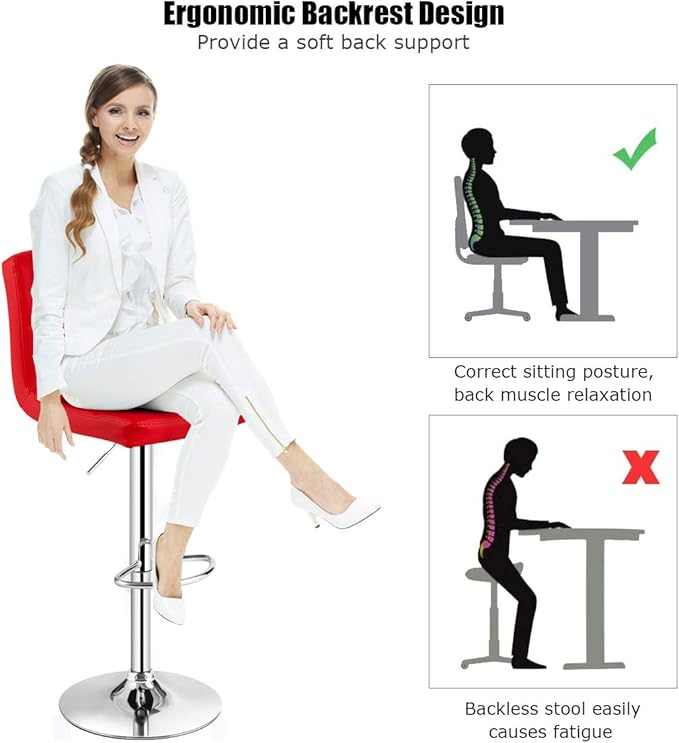 COSTWAY Adjustable Bar Stools Set of 2, Modern Swivel PU Leather Bar Chair with Backrest, Soft Cushioned Seat, Footrest, Sturdy Metal Frame, Comfortable Barstools for Kitchen Island, Pub, Red