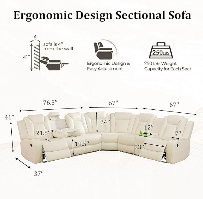 Power Recliner Sectional Sofa with LED Light, Breathing Leather Recliner Sofa Couch with Storage/Cup Holder for Living Room Home Office Theater (Cream White)