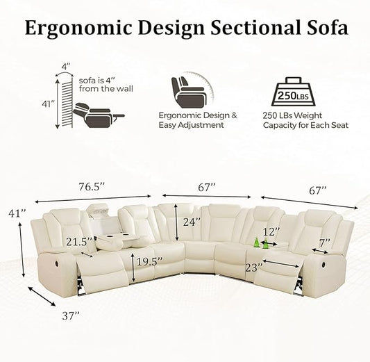 Power Recliner Sectional Sofa with LED Light, Breathing Leather Recliner Sofa Couch with Storage/Cup Holder for Living Room Home Office Theater (Cream White)