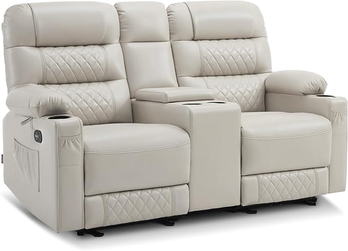 MCombo Zero Gravity Power Loveseat Recliner with Console, Heat and Vibration Massage, Reclining Loveseat Sofa with USB Ports, Cup Holders for Living Room, Faux Leather PR622Sets (Light Grey)