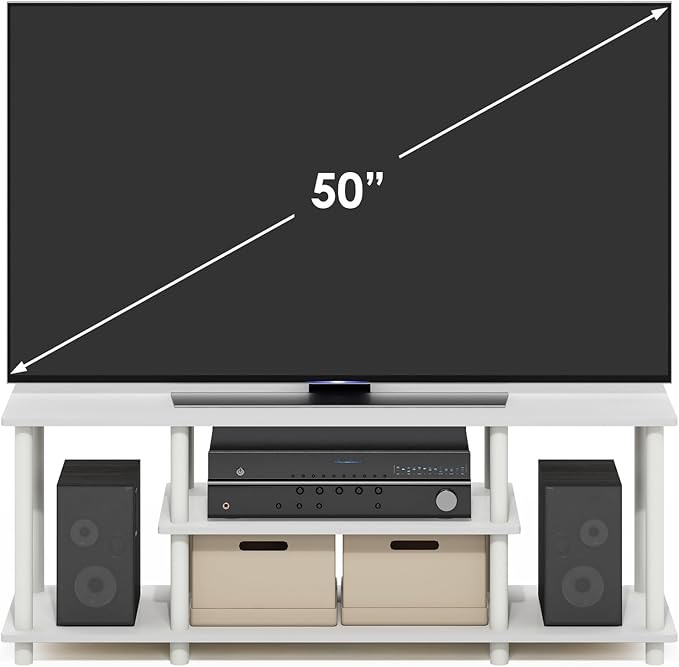 Furinno Turn-N-Tube TV Stand, 3-Tier Open Frame Rectangular Entertainment Center with Storage Shelf, TV Console for TV up to 50 Inch, Toolless Assembly, for Living Room, Bedroom, White