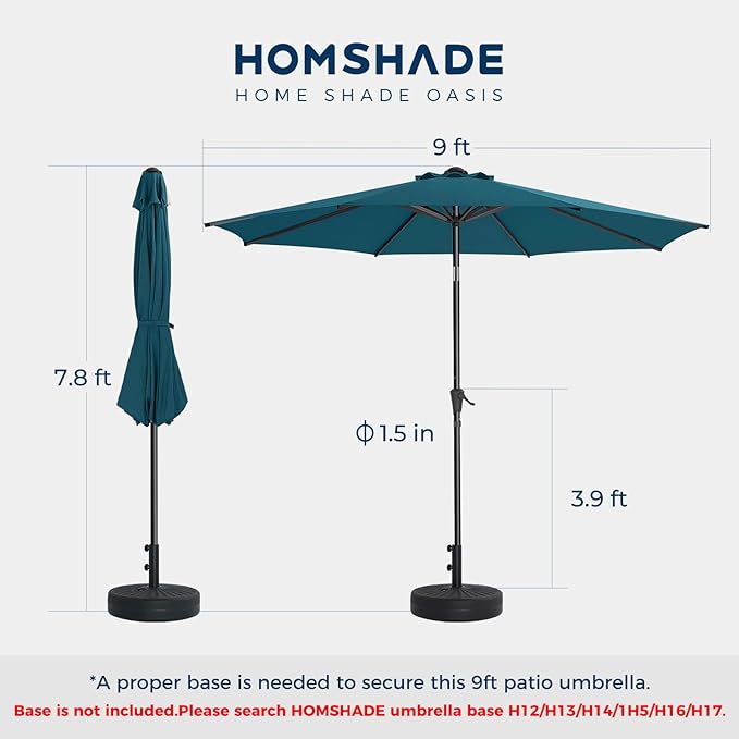 HOMSHADE Outdoor Patio Umbrella - Market Table Pool Deck Umbrella with Push Button Tilt, Crank, UPF50+ UV Protection and Sturdy Ribs, 3-Year Fade Resistance, 220GSM Solution-Dyed Fabric (No base)