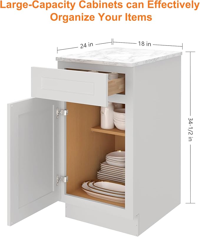 LOVMOR Kitchen Base Cabinets, Sideboard Storage Cabinet, Entryway Cabinet with 1-Drawer & Adjustable Shelf, 18" W X 24" D X 34-1/2"H (Light Gray)