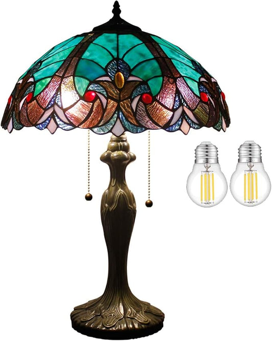 WERFACTORY Tiffany Style Lamp Green Liaison Stained Glass Bedside Table Lamp 16X16X24 Inches Desk Light Metal Base Decor Bedroom Living Room Home Office S160G Series Teal Purple