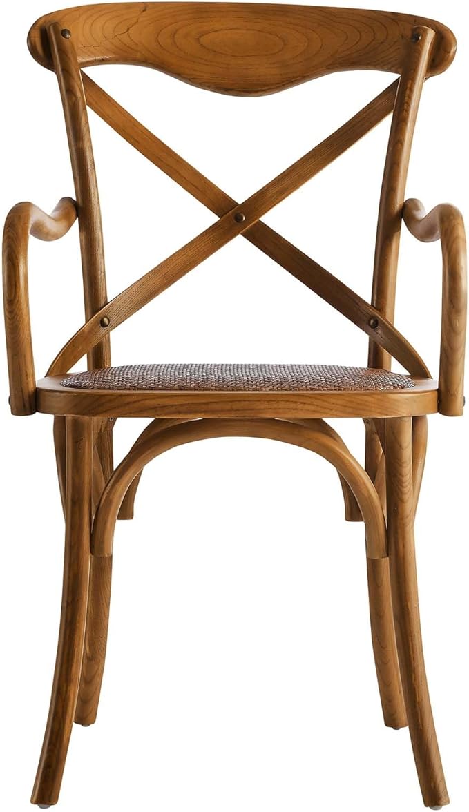 ModwayEEI-1538-WALGear Modern Farmhouse Cross Back Solid Elm Wood Dining Armchair With Rattan SeatFour Dining Chair SetWalnut