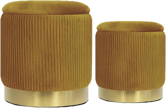 Round Set of 2 Velvet Ottoman with Storage,Round Yellow Storage Ottoman for Living Room or Dorm, Vanity Stool Chair for Bedroom