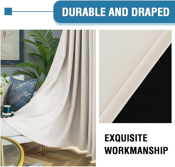 H.VERSAILTEX 100% Blackout Curtains for Bedroom Thermal Insulated Blackout Curtains Heat and Full Light Blocking Curtains for Living Room with Black Liner 2 Panels Set, 42 x 63 Inch, Fog