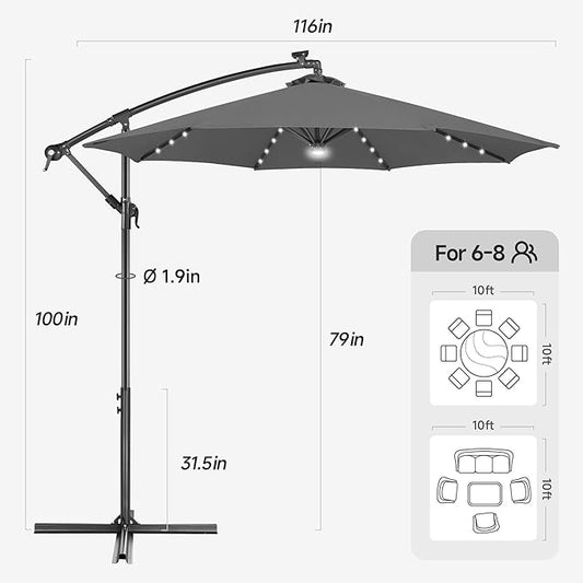 Solar Offset Patio Umbrella - 10 FT Solar Cantilever Umbrella Outdoor with 40 LED Lights and Cross Base, UV Protection for Garden, Deck, Backyard, Pool, Porch, Anthracite