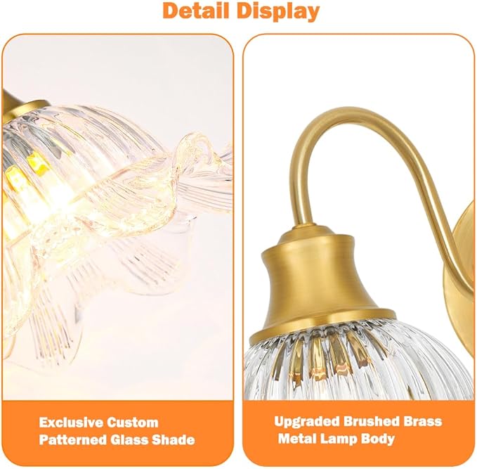 Vintage Vanity Light 2-Light, Gold Bathroom Light Fixture with Crystal Glass Shades, Wall Sconce for Bathroom Mirror Lighting, Brass Wall Sconce Decor for Powder Rooms, Dressing Areas