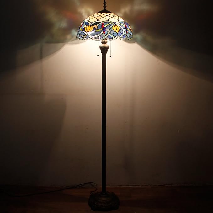 WERFACTORY Tiffany Floor Lamp Blue Lotus Stained Glass Flower Standing Reading Light 16X16X64 Inches Antique Pole Corner Lamp Decor Bedroom Living Room Home Office S220 Series