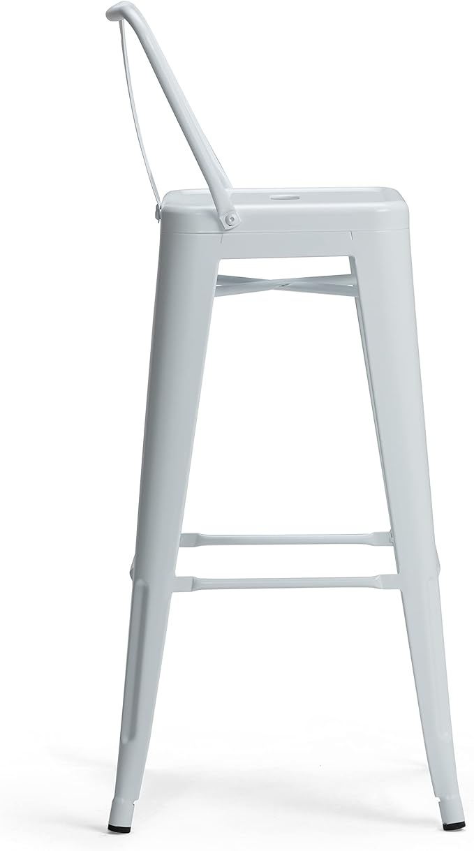 SIMPLIHOME Rayne Bar Stools (Set of 2) - 30 inch Seat Height Industrial Metal Chairs in White, Contemporary Seating for Kitchen or Bar with Curved Back, Under-Seat Cross Brace, and Footrest
