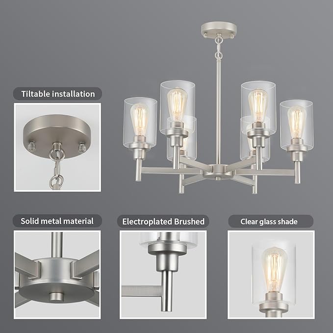 Brushed Nickel Chandelier | 6 Lights Farmhouse Chandeliers for Dining Room Light Fixtures Over Table | Hallway Lighting with Clear Glass Shade for Living Room | Kitchen | Entryway | Bedroom | Bathroom