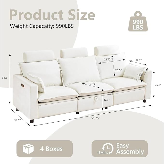 GUEAPY Power Reclining Sofa Cloud Couches for Living Room-Cloud Couch Sectional with Drawer,3 Seater Reclining Couches, Chenille Deep Reclining Sofa with Pillows, USB&Type-C Ports for Livingroom | Deep Seat, Cloud Couch, Drawer