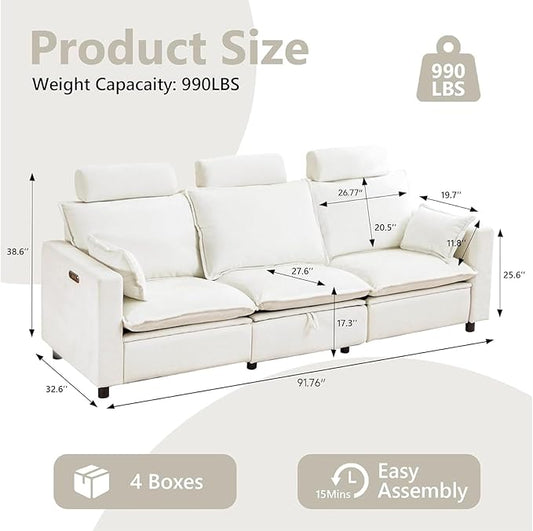 GUEAPY Power Reclining Sofa Cloud Couches for Living Room-Cloud Couch Sectional with Drawer,3 Seater Reclining Couches, Chenille Deep Reclining Sofa with Pillows, USB&Type-C Ports for Livingroom | Deep Seat, Cloud Couch, Drawer