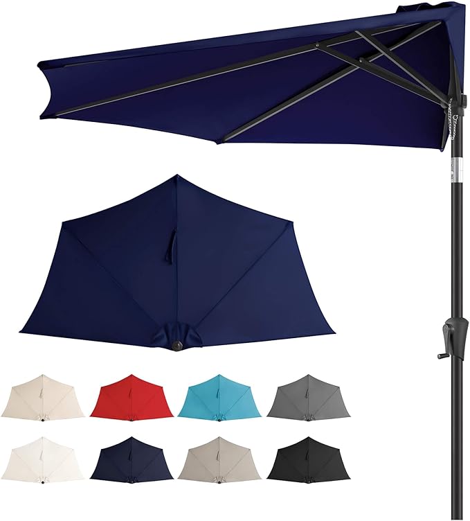 9FT Half Umbrellas Outdoor - Half Patio Umbrella with Tilt, UV Protection Waterprool, Half Round Umbrella for Wall Balcony, Pool, Porch, Garden, Deck, Backyard (Navy Blue)