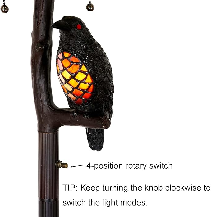 Bieye L10936 Ravens Sitting on Bare Tree Branch Against Full Moon Tiffany Style Stained Glass Floor Lamp with Raven Night Light Double Lit for Halloween Décor, 4-Light, 65 inches Tall (Black Red)