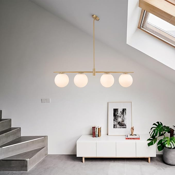 45.3" Modern Linear Chandelier 4-Lights Milk Glass Globe Linear Pendant Light Fixture Brushed Gold Mid Century Chandelier Kitchen Island Dining Room Light Fixture Over Table
