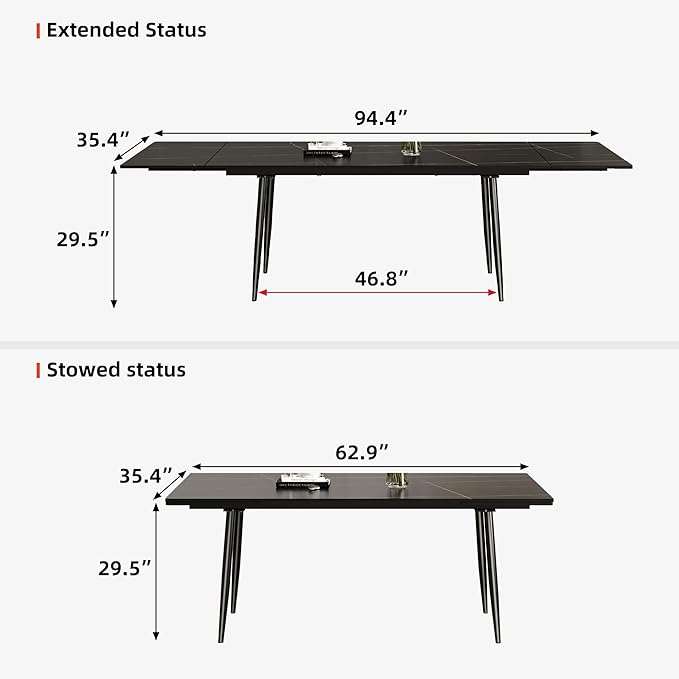 62.9"-94.4" Modern Extendable Dining Table for 6 to 10 Seats, Rectangular Sintered Stone Table with High Hardness and Easy Maintenance for Dining Room Family Gathering, Black Top