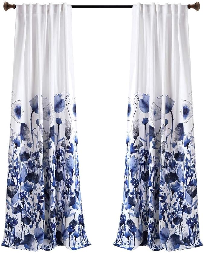 LUSH DÉCOR, 84” x 52”, Navy Lush Decor Zuri Flora Curtains Light Filtering Window Panel Set for Living, Dining, Bedroom (Pair)