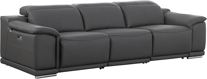 Blackjack Furniture Venice Top Grain Italian Leather Recliner 7 Seater 6 Power Reclining 3 Piece Sofa Set with Adjustable Headrests Modern Seating Sofa, Loveseat and Chair for Living Room, Dark Grey