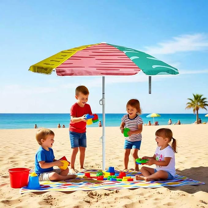 LOTTAFUN Water Table Kid Umbrella 5ft Beach Umbrella - Heavy Duty Wind Resistant UV 50+ Portable Sun Shade with Sand Anchor & Carry Bag, Outdoor Folding Umbrella for Beach,Pool,Patio,Garden (3 Color Block)