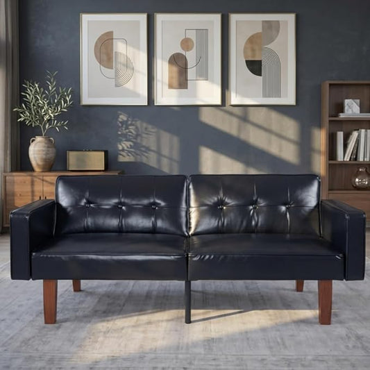 Adjustable Backrest Convertable Sofa, Modern Fabric 2-Seat Futon Sofa, Convertible Fabric Sleeper Couch with Armrests, Couch for Living Room Home Office Spaces, Black