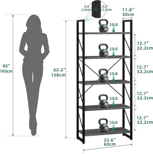 YITAHOME 5 Tiers Bookshelf, Industrial Artsy Grey Bookcase Bookshelves, Book Rack, Storage Rack Shelves Books Holder Organizer for Books Movies in Living Room Home Office, Black & Gray