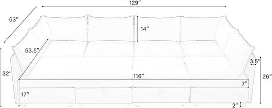 129-Inch Oversized 8 Seat Modular Cloud Sofa Deep Seat Storage Sectional Sofa Couch Free Combination W/Movable Ottomans,L/U Shaped Chenille Upholstered Convertible Sleeper Couch for Home Apartment | Space Saving