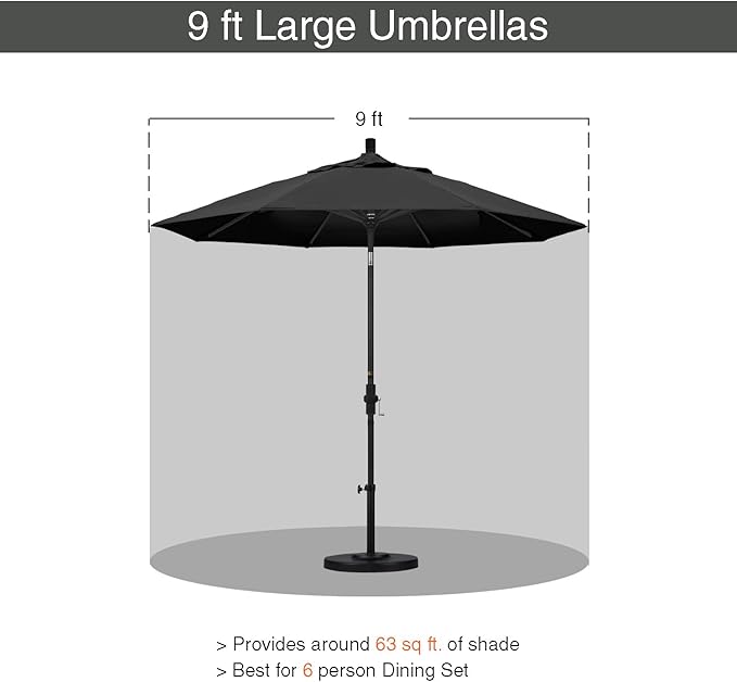 California Umbrella 9' Round Aluminum Pole Fiberglass Rib Patio Umbrella, Crank Lift, Collar Tilt, White Finish, Black Olefin