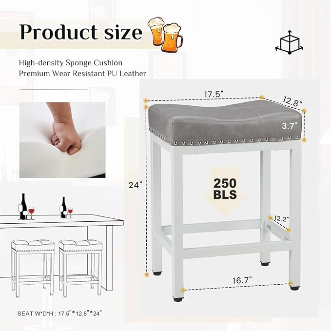 Bar Stools Set of 4, Upholstered Counter Height Stools with Padded Seats and Metal Base, Leather Saddle Stool for Modern Kitchen Island, 22.4-Inch, Grey