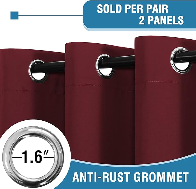 H.VERSAILTEX 100% Blackout Curtains for Bedroom Thermal Insulated Blackout Curtains 45 inch Length Full Light Blocking Curtains for Living Room with Black Liner 2 Panels Set, Burgundy