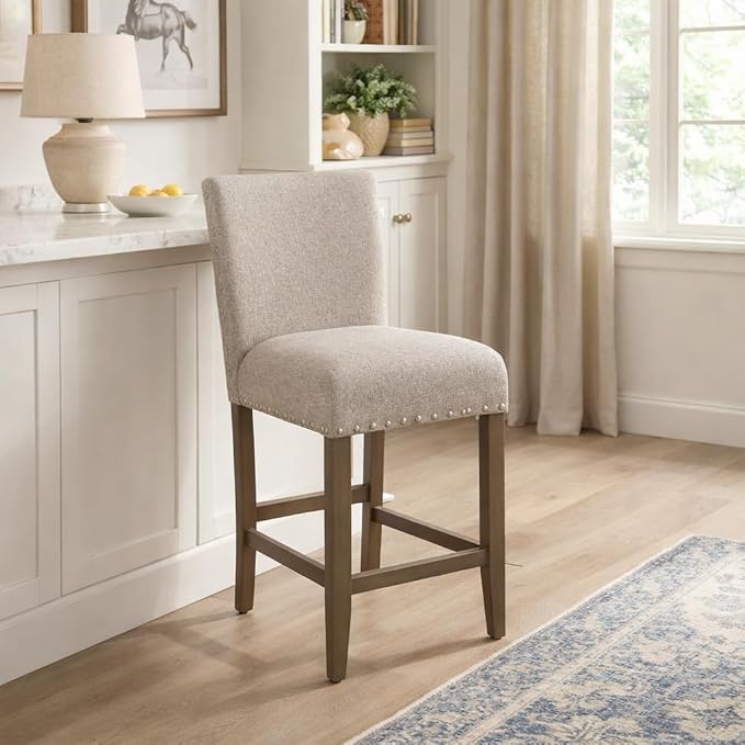Homepop Home Decor | Backless Nailhead Trim Counter Height Bar Stools | 24 Inch Bar Stools | Decorative Home Furniture (Sterling Gray)