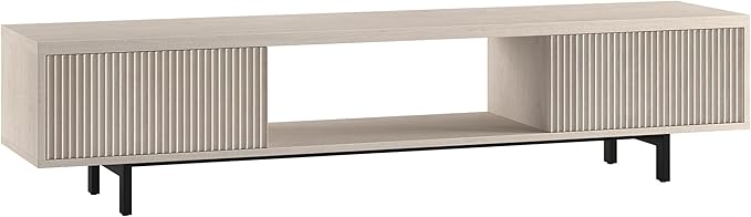 Henn&Hart Fluted TV Stand for TVs up to 78" with 2 Ribbed Side Storage Cabinets and Open Center Storage for Living Room, Family Room, or Office, Beech White