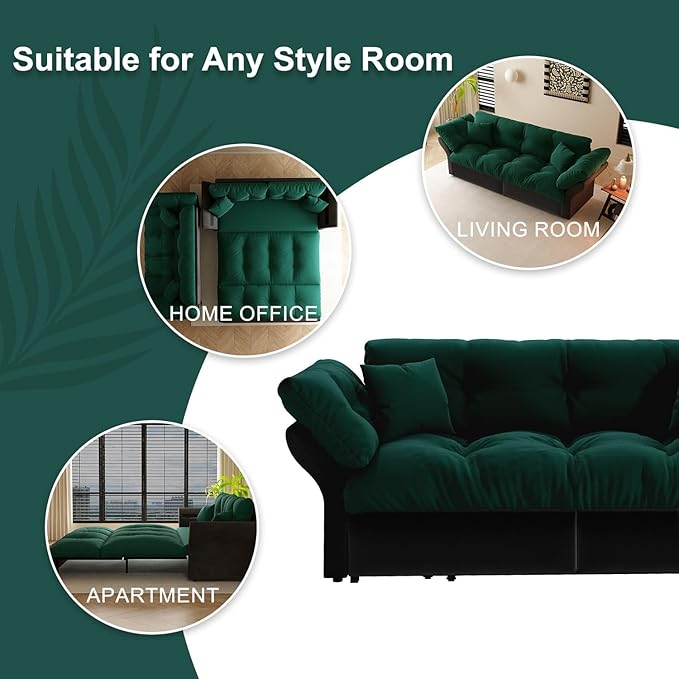 74.8" Oversized Convertible Pull Out Sofa Bed Queen Size, 3 in 1 Multi-Functional Velvet Upholstered Cloud Loveseat Futon Couch Lounge Chaise Pullout Sofabed w/Tufted Cushions