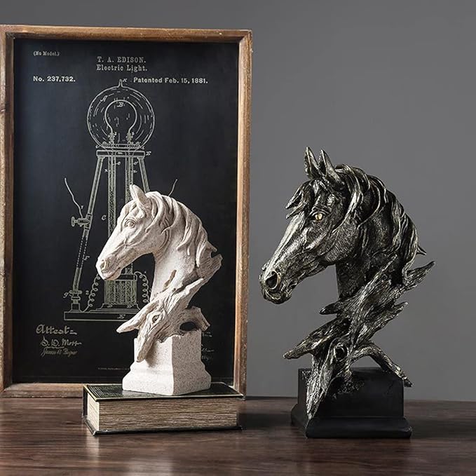Creative Art Retro Horse Head Ornament,Resin Statue Ornaments,Abstract Style Sculptures,Living Room Dining Desk Decorations,Bookshelf Decorative Objects,Office Decor(7.9"/Black)