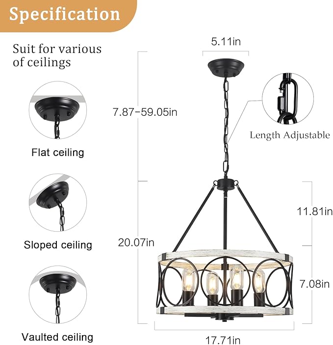 Farmhouse Chandelier for Dining Room 4 Light, 17.71" Round Farmhouse Light Fixture, Rustic Kitchen Lighting Fixtures Hanging Drum Chandeliers for Entryway Foyer Bedroom-Black & White Oak