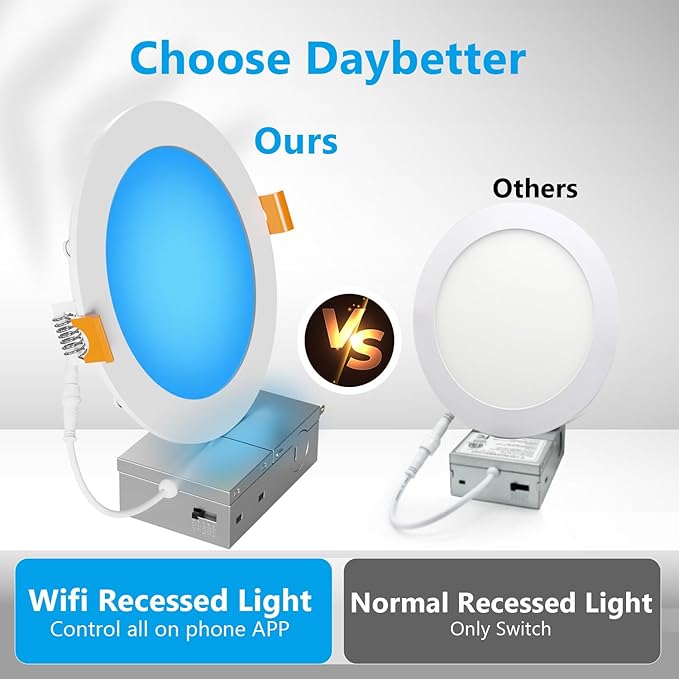 DAYBETTER Smart Recessed Lighting 6 Inch, Wi-Fi Connect RGBCW LED Downlight,Color Changing Tunable White (2700KK-6500K), Ultra Thin Dimmable with Junction Box 4 Pack